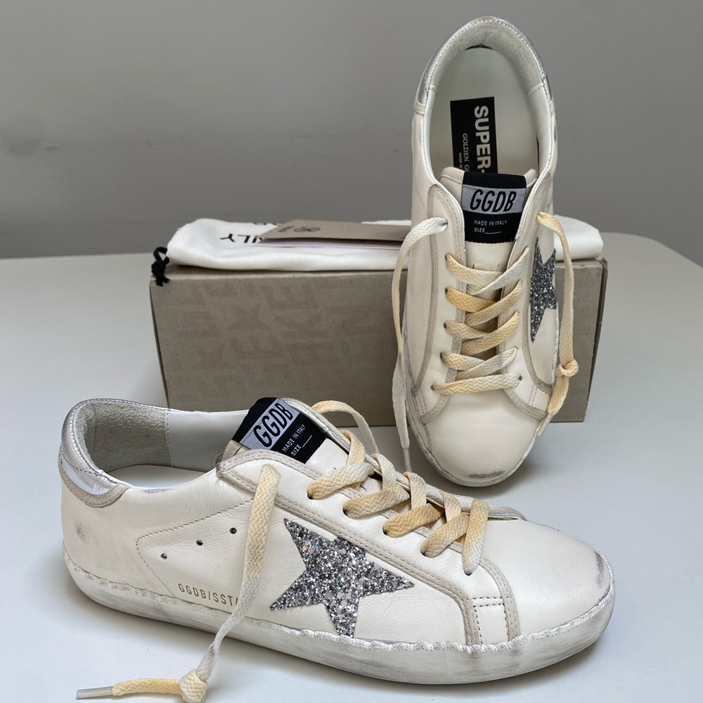 Golden Goose Superstar Sneaker in White Leather/Silver/Glitter Sz 40 New in Box - Picture 11 of 15
